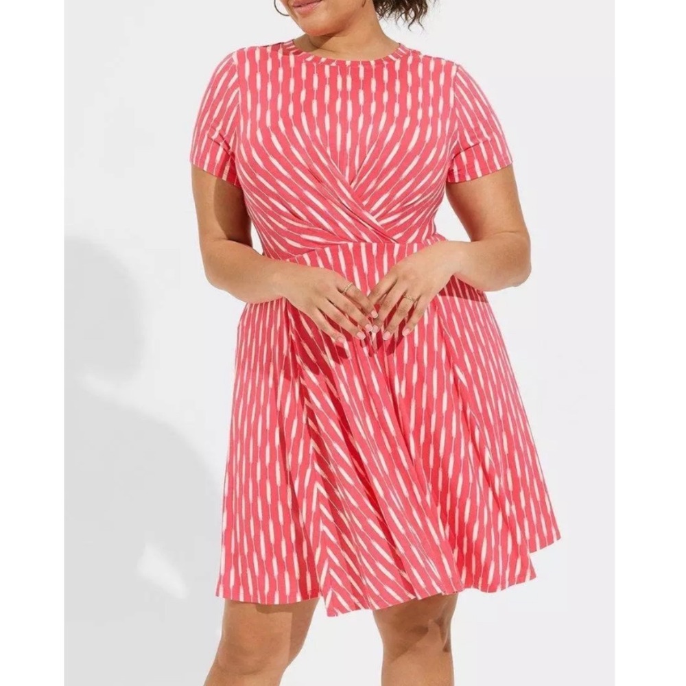 Torrid Super Soft Pink White Ikat Stripe Skater Mini Knot Front Dress Pockets 3X